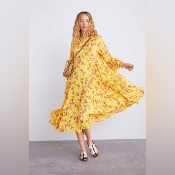 Zara | Floral Boho Yellow Tiered Midi Maxi Dress | Blogger Favorite | Size M - Picture 8 of 11